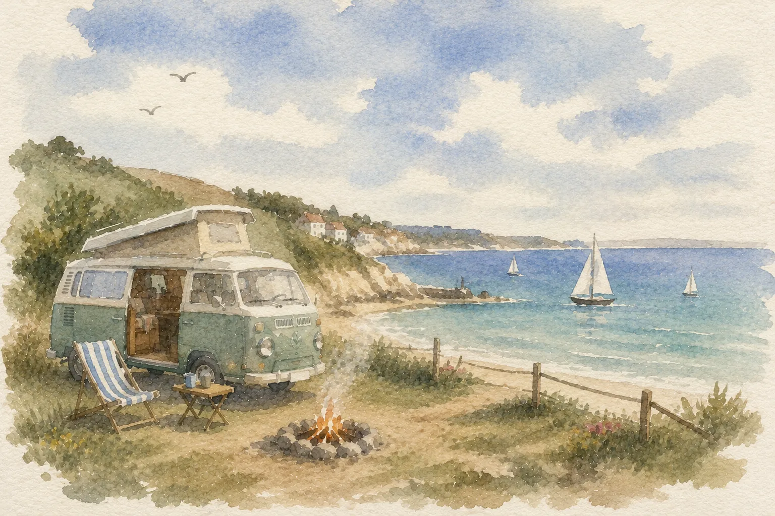 A campervan parked above a bay with sailing boats